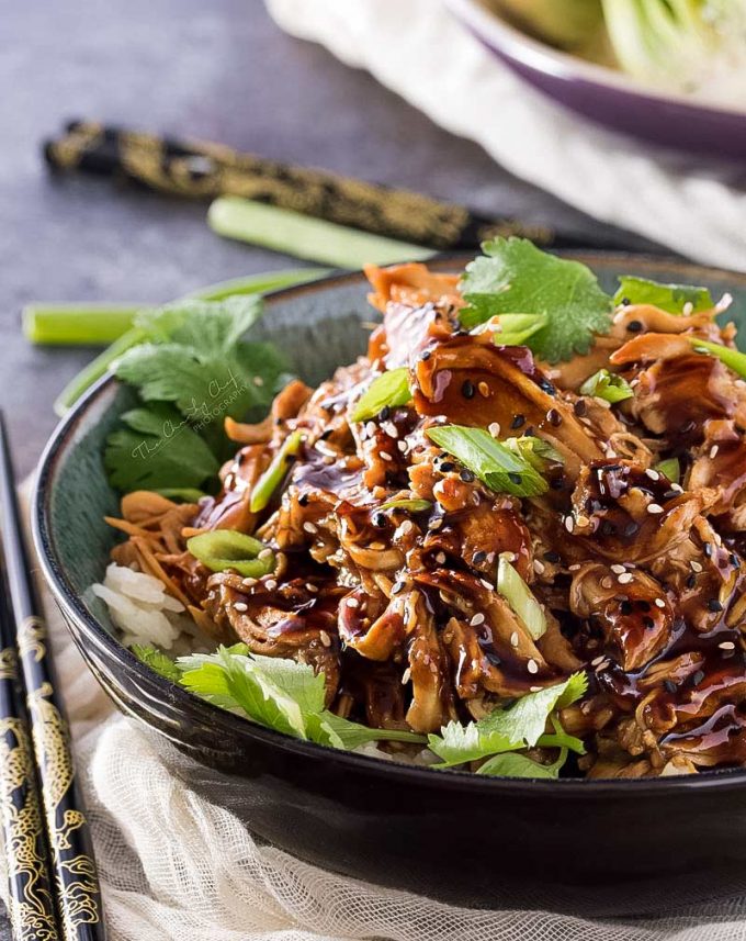 This Honey Garlic Chicken is one incredible weeknight dinner idea. Juicy chicken coated and cooked with a glorious sauce made with soy, hoisin, garlic, honey and more! Toss it all in the slow cooker and let it do the work for you! #dinner #chicken #asian #honey #garlic #honeygarlic #easyrecipe #weeknight #slowcooker #crockpot