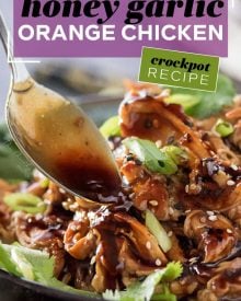 This Honey Garlic Chicken is one incredible weeknight dinner idea. Juicy chicken coated and cooked with a glorious sauce made with soy, hoisin, garlic, honey and more! Toss it all in the slow cooker and let it do the work for you! #dinner #chicken #asian #honey #garlic #honeygarlic #easyrecipe #weeknight #slowcooker #crockpot