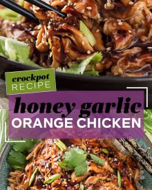 This Honey Garlic Chicken is one incredible weeknight dinner idea. Juicy chicken coated and cooked with a glorious sauce made with soy, hoisin, garlic, honey and more! Toss it all in the slow cooker and let it do the work for you! #dinner #chicken #asian #honey #garlic #honeygarlic #easyrecipe #weeknight #slowcooker #crockpot