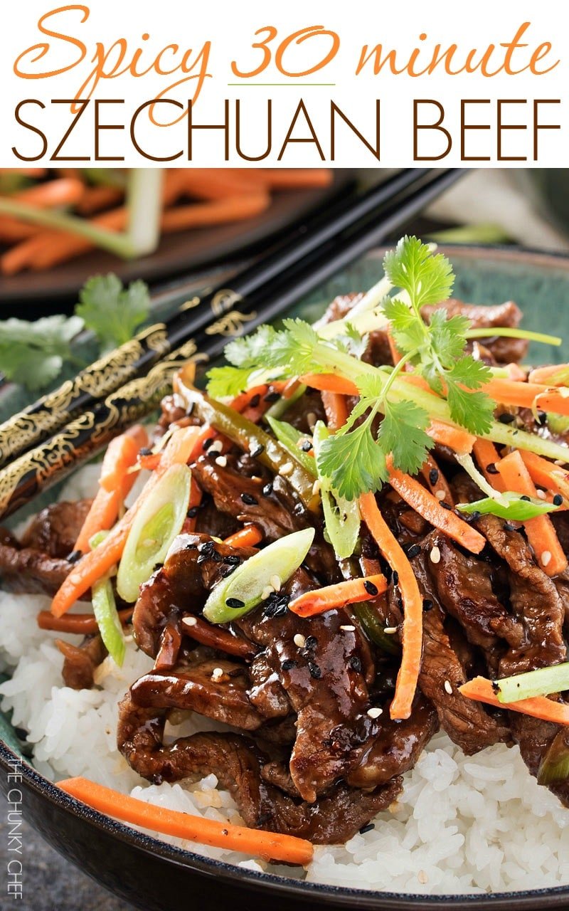 30 Minute Spicy Ginger Szechuan Beef | No need to order take-out, this spicy ginger Szechuan beef is completely mouthwatering and ready in just 30 minutes! Perfect for a busy weeknight dinner! | http://thechunkychef.com