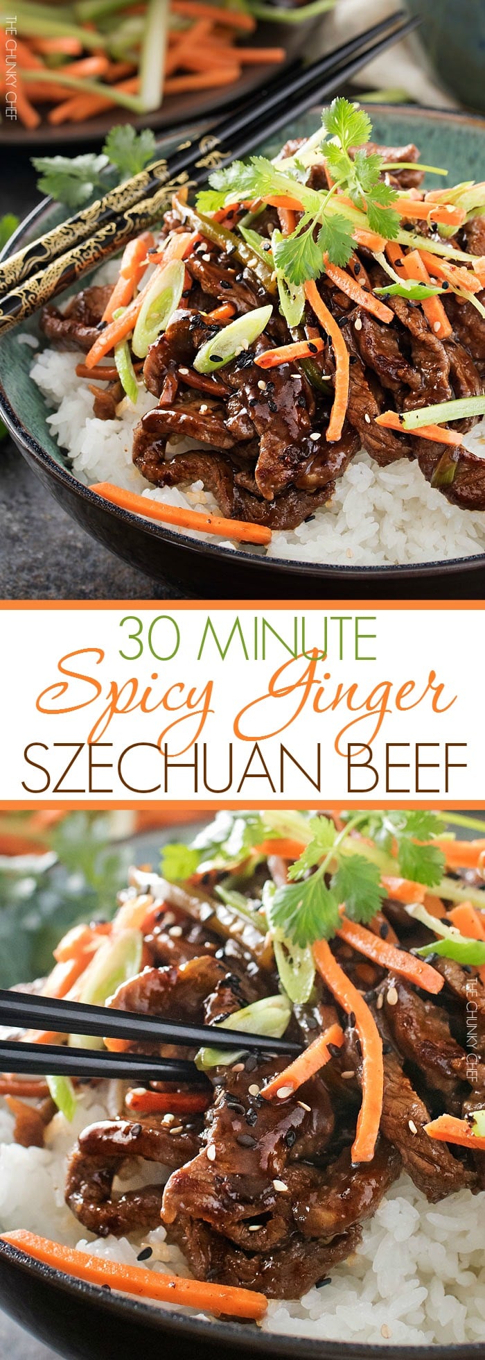 30 Minute Spicy Ginger Szechuan Beef | No need to order take-out, this spicy ginger Szechuan beef is completely mouthwatering and ready in just 30 minutes! Perfect for a busy weeknight dinner! | http://thechunkychef.com