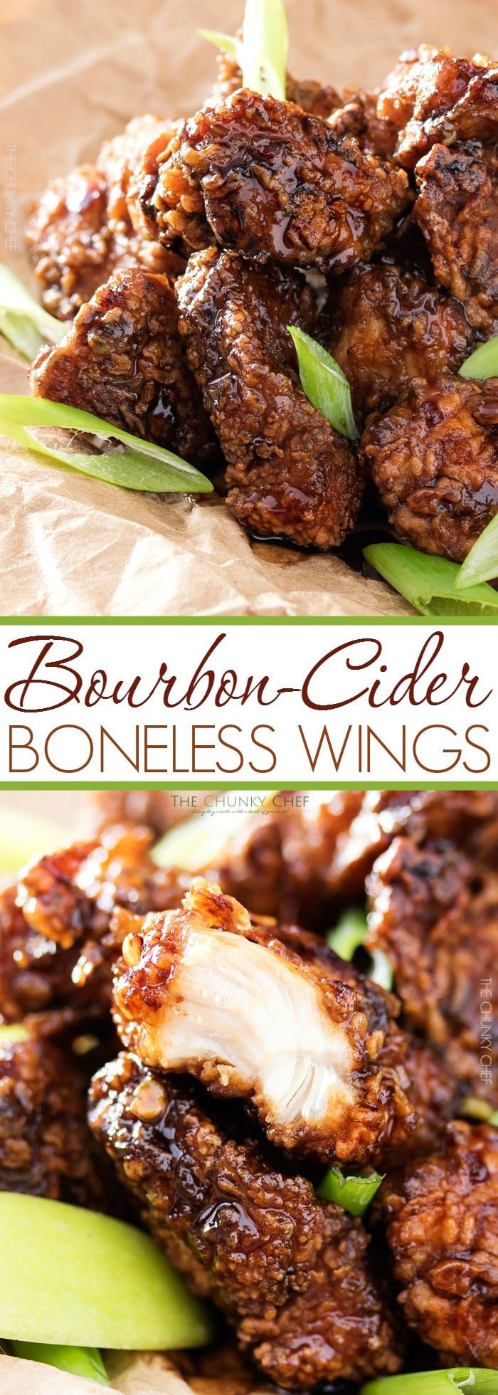 Bourbon Cider Boneless Wings | The ultimate boneless wings, marinated in buttermilk, fried until crispy, and tossed in a mouthwatering spicy bourbon apple cider sauce! | http://thechunkychef.com