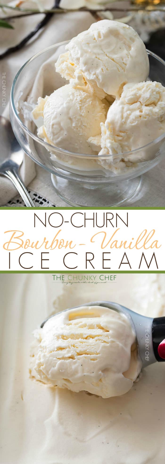 Bourbon Vanilla No Churn Ice Cream | This rich and creamy no churn ice cream is studded with flecks of vanilla bean and laced with warm Bourbon, for a tempting treat that's perfect year round! | http://thechunkychef.com