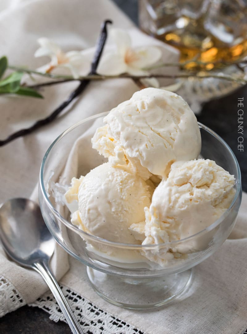 Bourbon Vanilla No Churn Ice Cream | This rich and creamy no churn ice cream is studded with flecks of vanilla bean and laced with warm Bourbon, for a tempting treat that's perfect year round! | http://thechunkychef.com