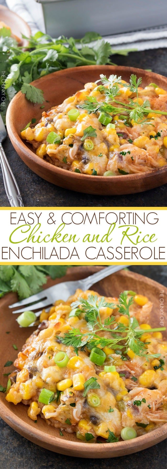 Chicken and Rice Enchilada Casserole | This hearty enchilada casserole uses leftover chicken for a great 35 minute weeknight meal! | http://thechunkychef.com