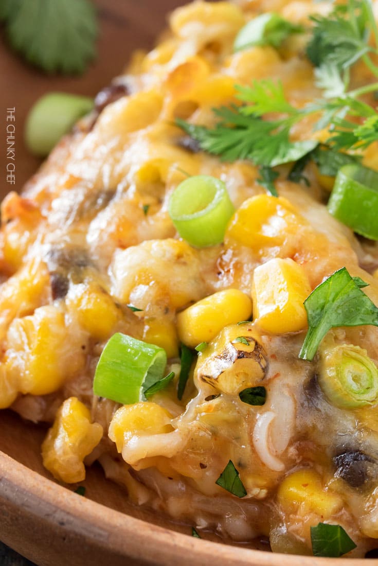 Chicken and Rice Enchilada Casserole | This hearty enchilada casserole uses leftover chicken for a great 35 minute weeknight meal! | http://thechunkychef.com
