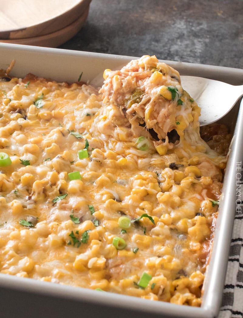 Chicken and Rice Enchilada Casserole | This hearty enchilada casserole uses leftover chicken for a great 35 minute weeknight meal! | http://thechunkychef.com