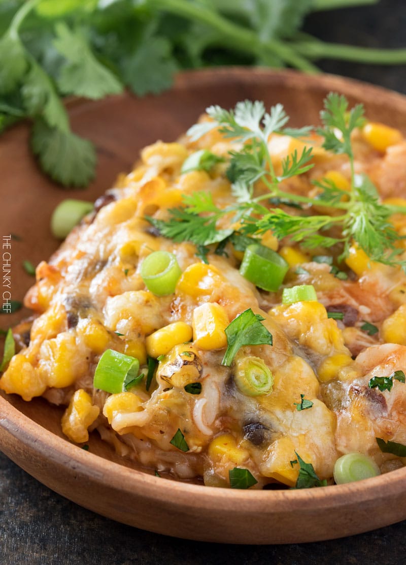 Chicken and Rice Enchilada Casserole | This hearty enchilada casserole uses leftover chicken for a great 35 minute weeknight meal! | http://thechunkychef.com