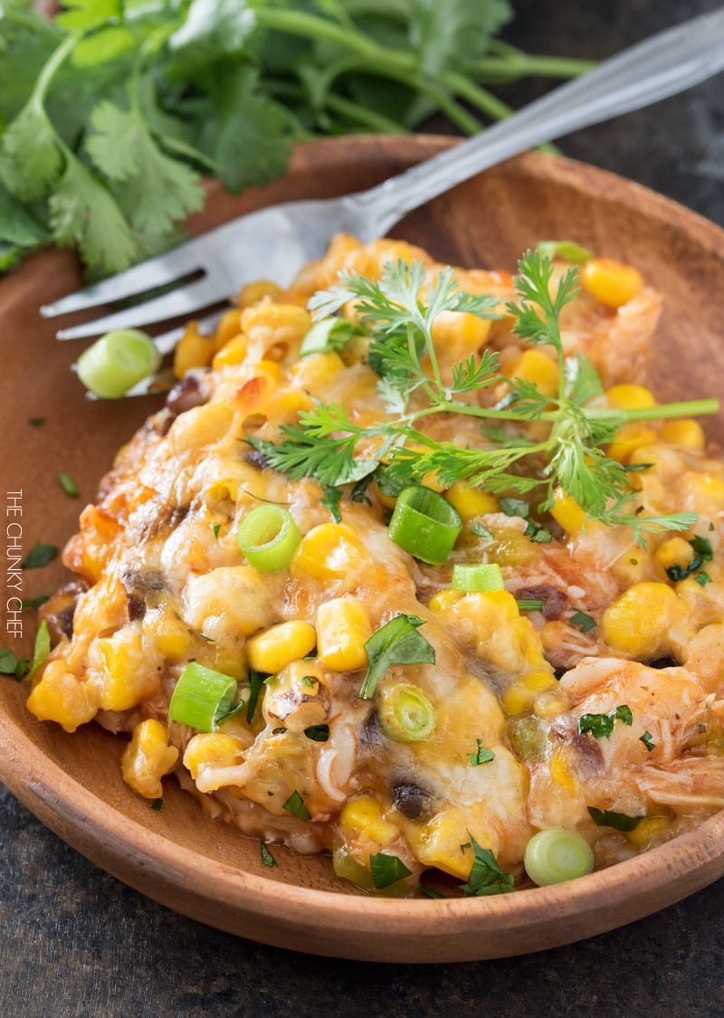 Chicken and Rice Enchilada Casserole | The hearty enchilada casserole uses leftover chicken for a great 35 minute weeknight meal! | http://thechunkychef.com