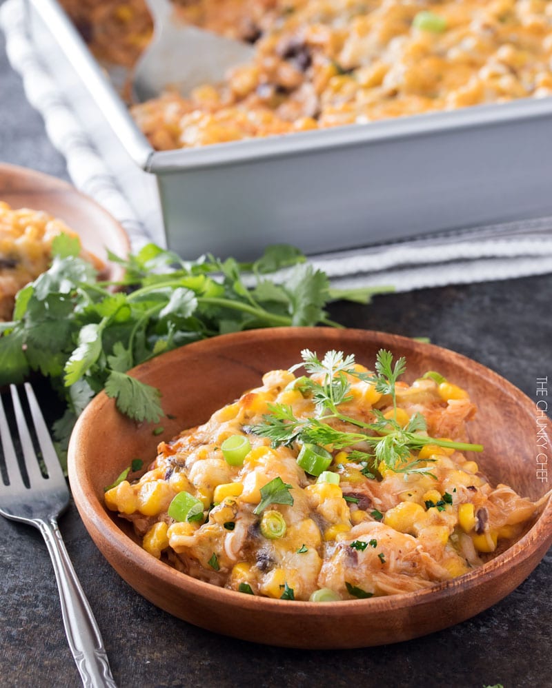 Chicken and Rice Enchilada Casserole | This hearty enchilada casserole uses leftover chicken for a great 35 minute weeknight meal! | http://thechunkychef.com