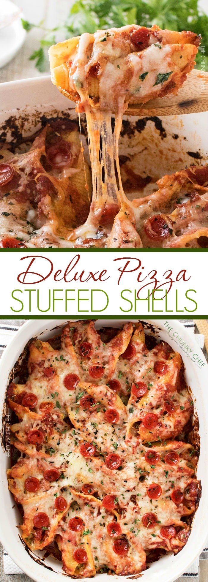 Deluxe Pizza Stuffed Shells | Classic stuffed shells meet deluxe pizza in this fusion of Italian meals... they're easy to make, freezer friendly, and great for families! | http://thechunkychef.com