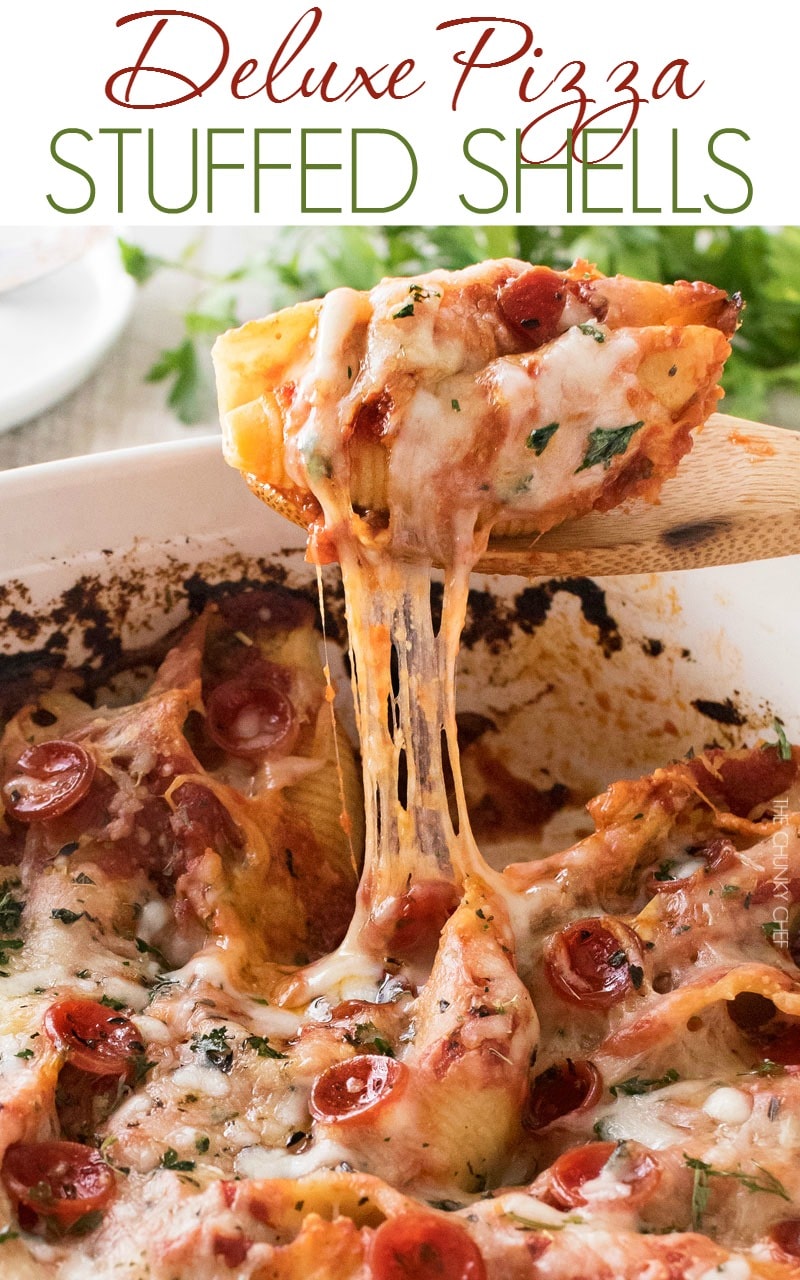 Deluxe Pizza Stuffed Shells | Classic stuffed shells meet deluxe pizza in this fusion of Italian meals... they're easy to make, freezer friendly, and great for families! | http://thechunkychef.com