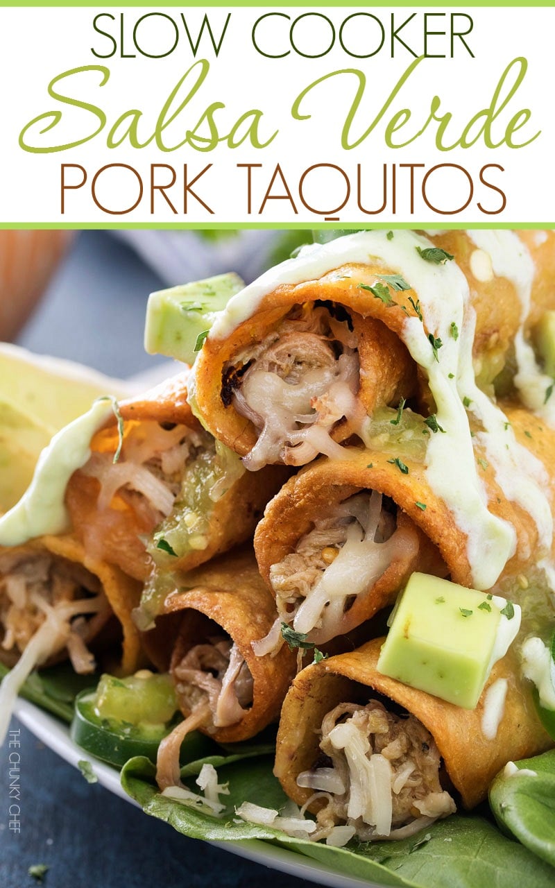 Slow Cooker Salsa Verde Pork Taquitos | The pork for these taquitos is simmered in a homemade salsa verde, shredded, piled high with cheese, wrapped up in tender corn tortillas and fried! | http://thechunkychef.com