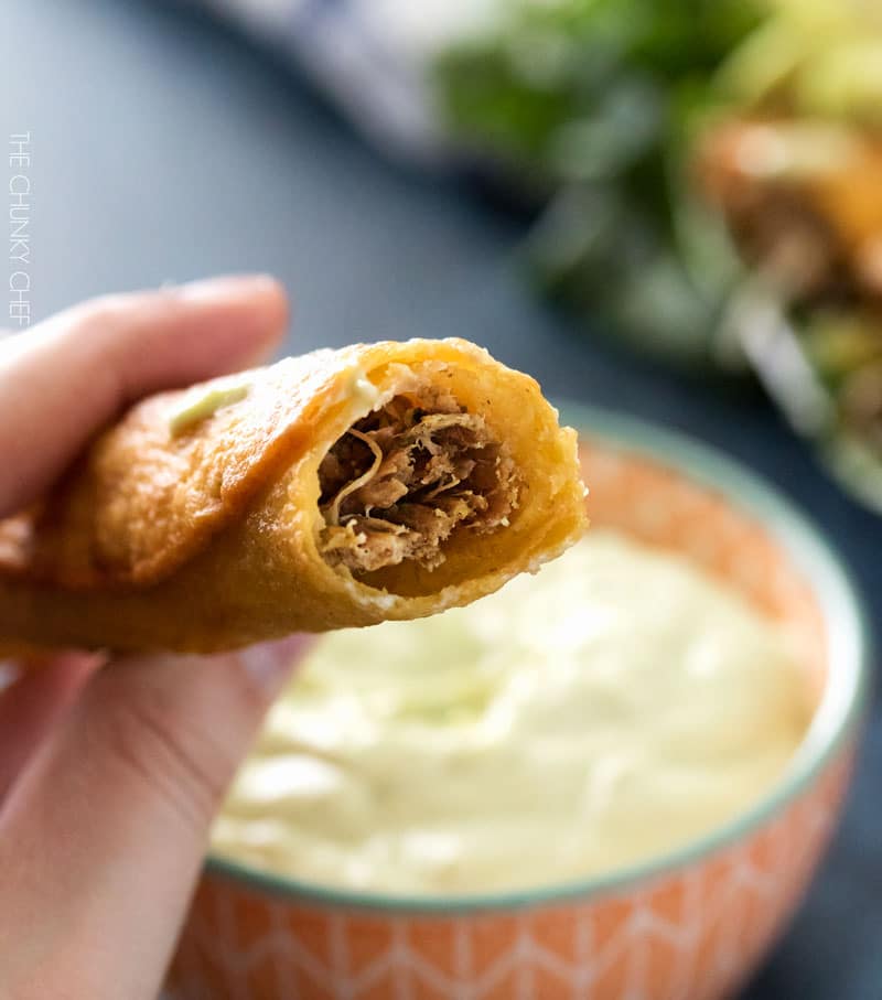 Slow Cooker Salsa Verde Pork Taquitos | The pork for these taquitos is simmered in a homemade salsa verde, shredded, piled high with cheese, wrapped up in tender corn tortillas and fried! | http://thechunkychef.com