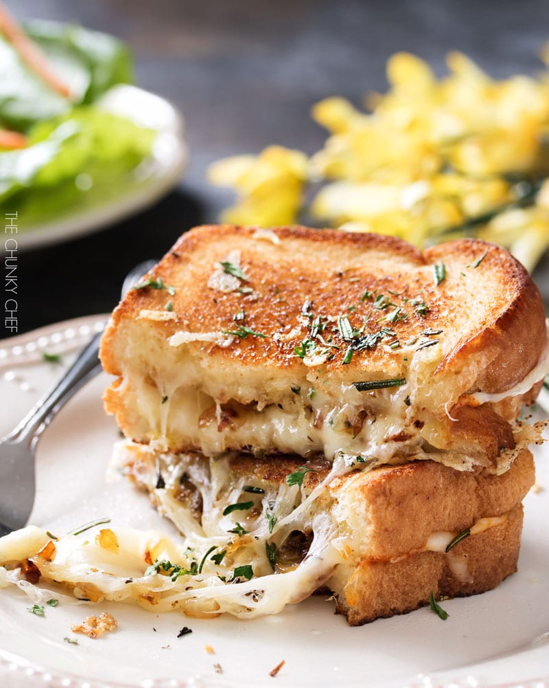 Ultimate Grilled Cheese | Gooey Gruyere and white cheddar cheese, savory rosemary butter, and herbed caramelized onions... need I say more? | http://thechunkychef.com