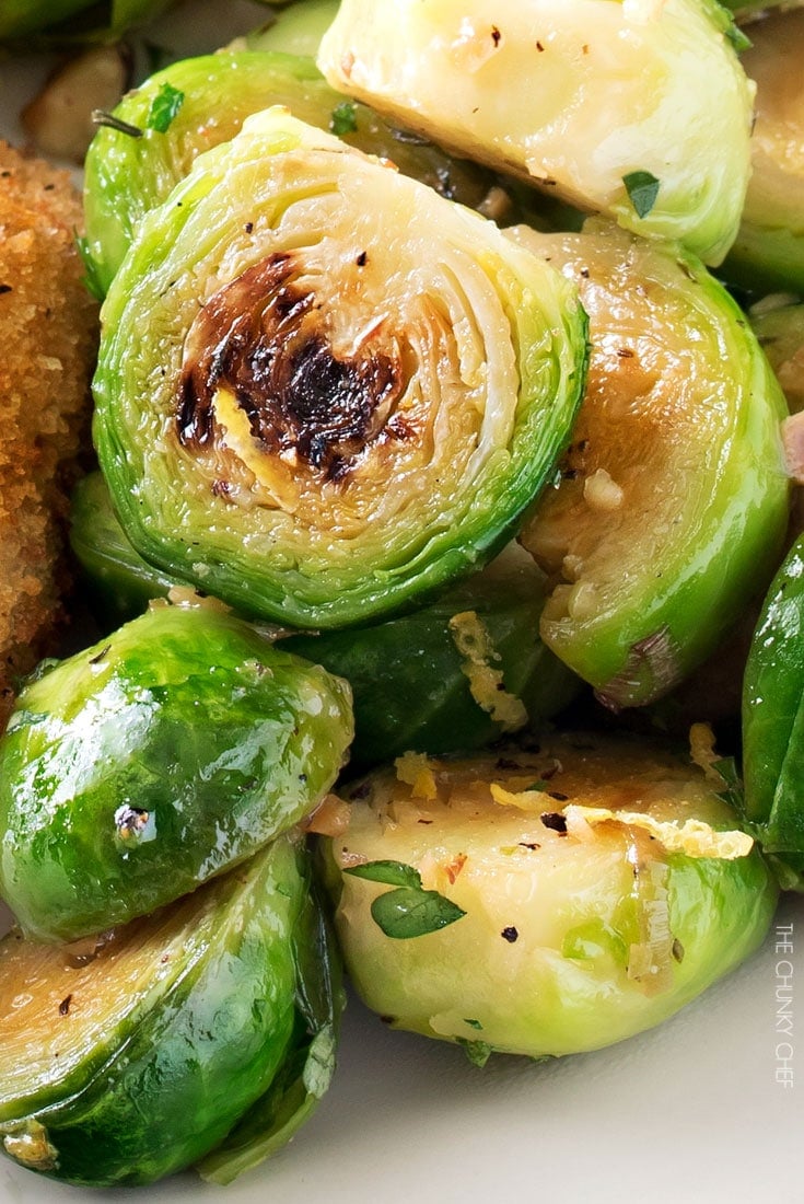 Brussels sprouts with Toasted Hazelnut Butter | Braised brussels sprouts and shallots are tossed with a savory toasted hazelnut and herb butter and ready to hit your table in less than 30 minutes! | http://thechunkychef.com