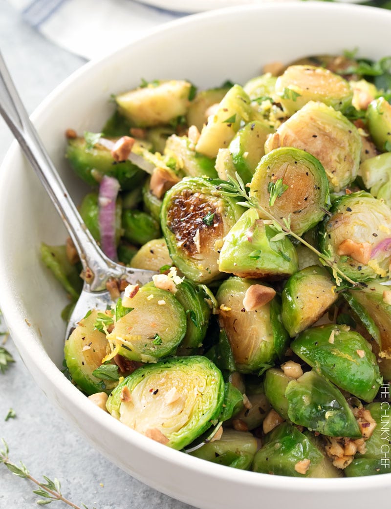 Brussels sprouts with Toasted Hazelnut Butter | Braised brussels sprouts and shallots are tossed with a savory toasted hazelnut and herb butter and ready to hit your table in less than 30 minutes! | http://thechunkychef.com