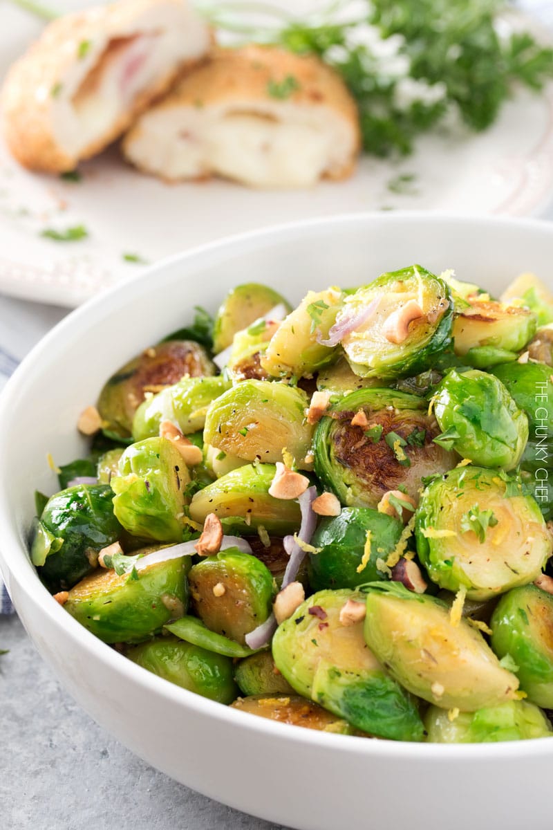 Brussels sprouts with Toasted Hazelnut Butter | Braised brussels sprouts and shallots are tossed with a savory toasted hazelnut and herb butter and ready to hit your table in less than 30 minutes! | http://thechunkychef.com