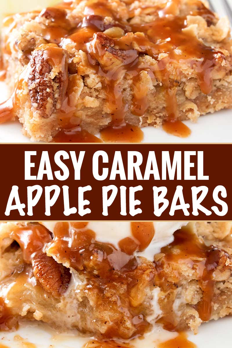 These Caramel Apple Pie Bars have all the classic flavors of a Dutch caramel apple pie, in an easy to make bar dessert form!  The cinnamon pecan streusel topping is to die for, and don't forget the browned butter caramel sauce! #applepie #falldessert #applebars #caramelapple #caramel #alamode #easydessert #dessertrecipe