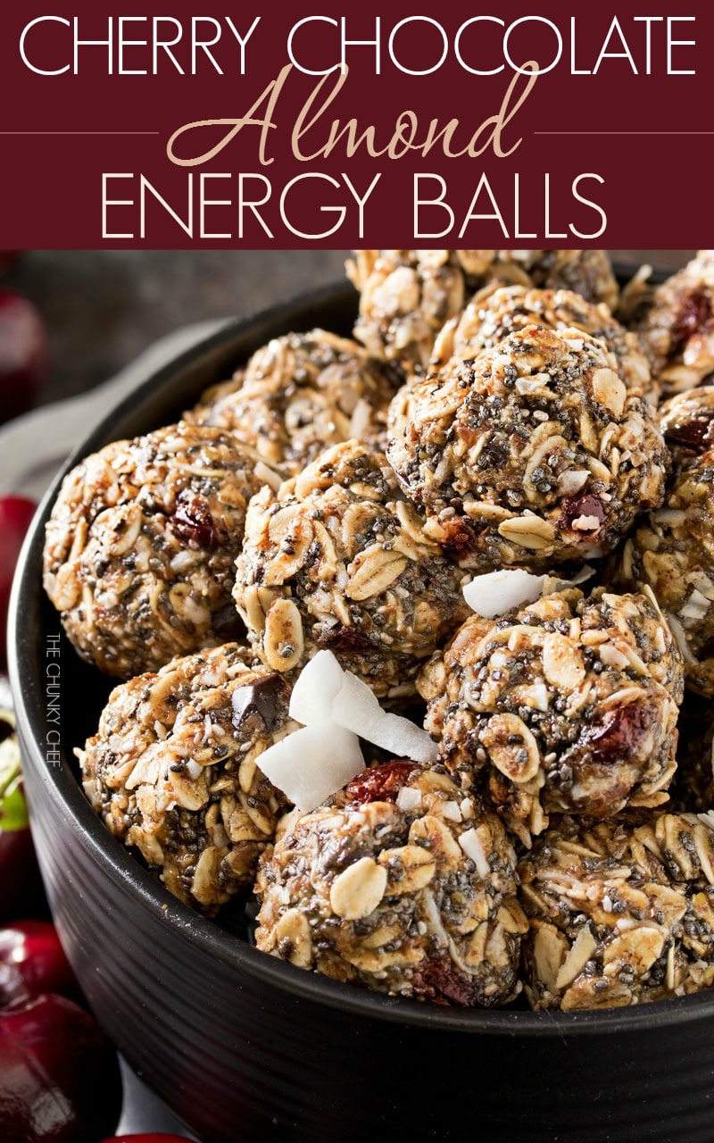 Cherry Chocolate Almond Energy Balls | Delicious energy balls studded with sweet dried cherries and flecks of decadent dark chocolate! |http://thechunkychef.com