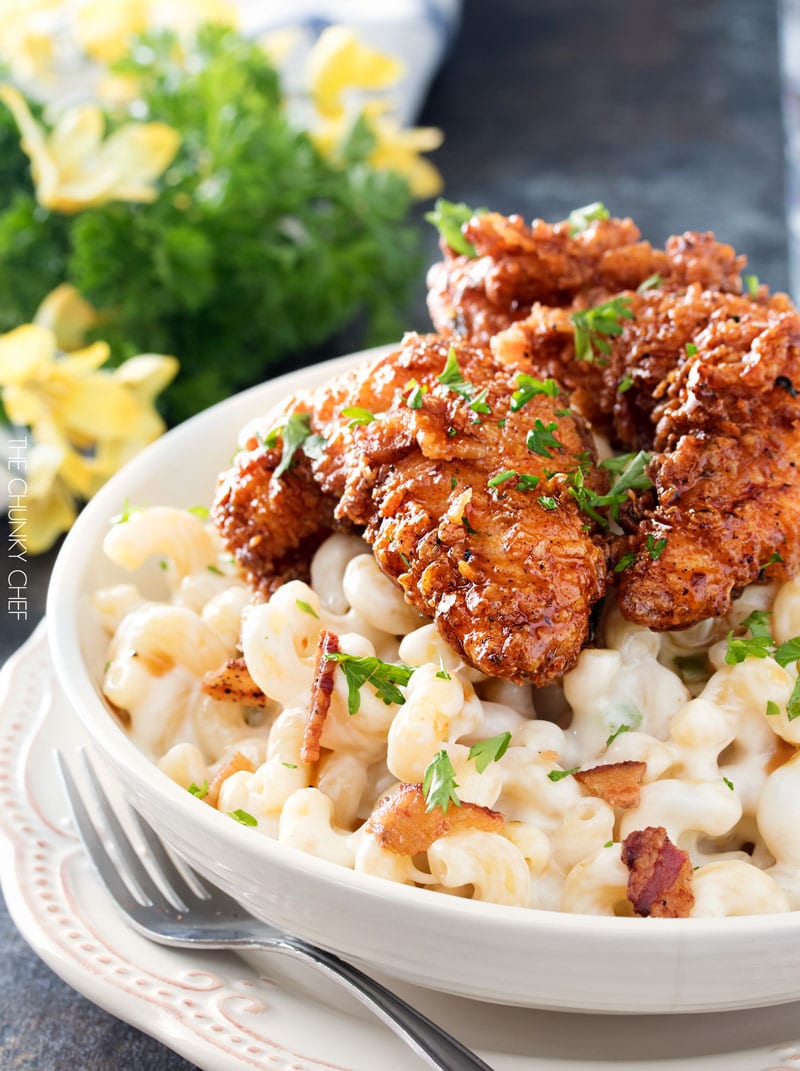 Applebee's 4 Cheese Mac and Cheese with Honey Pepper Chicken | Even better than the restaurant version, this creamy 4 cheese mac and cheese is topped with a sweet and sticky honey pepper chicken | http://thechunkychef.com