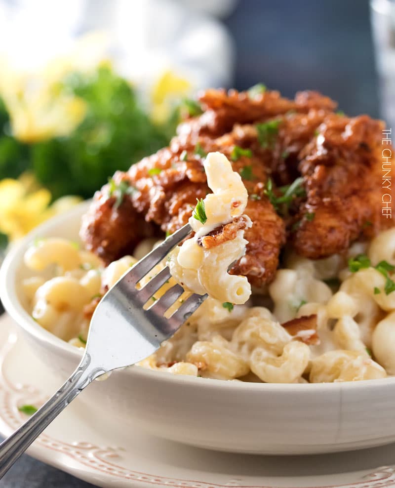 Applebee's 4 Cheese Mac and Cheese with Honey Pepper Chicken | Even better than the restaurant version, this creamy 4 cheese mac and cheese is topped with a sweet and sticky honey pepper chicken | http://thechunkychef.com