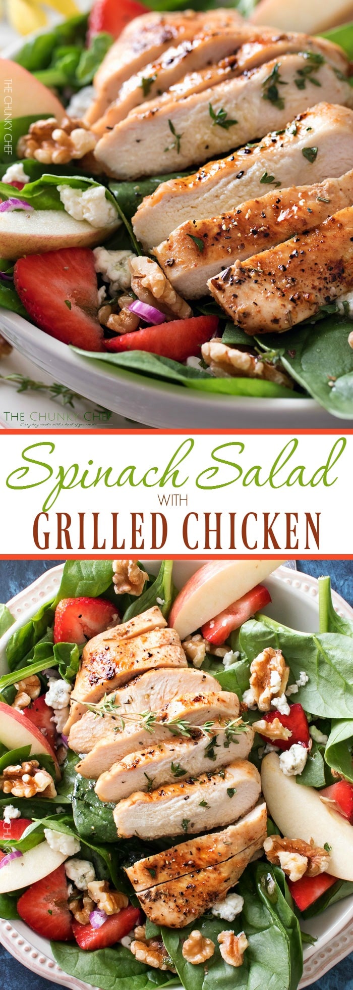 Grilled Chicken Strawberry Spinach Salad | This strawberry spinach salad is full of walnuts, fruits, cheeses, topped with juicy grilled chicken and a homemade honey herb vinaigrette! | http://thechunkychef.com