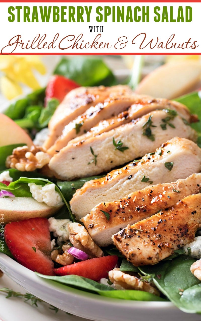 Grilled Chicken Strawberry Spinach Salad | This strawberry spinach salad is full of walnuts, fruits, cheeses, topped with juicy grilled chicken and a homemade honey herb vinaigrette! | http://thechunkychef.com