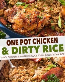 One Pot Chicken and Dirty Rice | Spicy chicken thighs are cooked on top of a homemade dirty rice, which makes for the most flavorful Cajun-inspired dish you've ever had! Plus, all you need is one pot! #dinner #chicken #dirty rice #cajun #onepot #onepan #easyrecipe