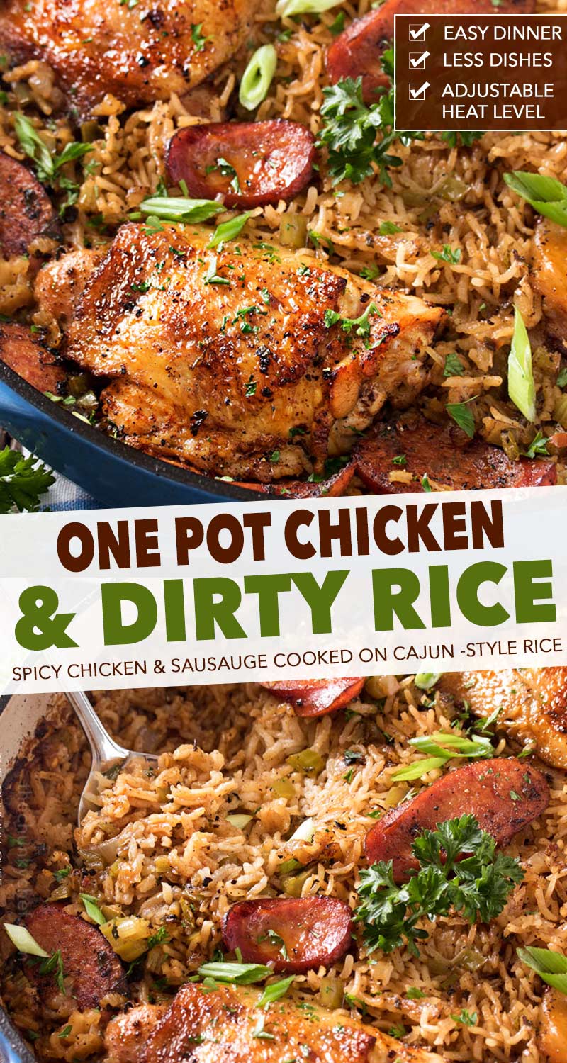 One Pot Chicken and Dirty Rice | Spicy chicken thighs are cooked on top of a homemade dirty rice, which makes for the most flavorful Cajun-inspired dish you've ever had! Plus, all you need is one pot! #dinner #chicken #dirty rice #cajun #onepot #onepan #easyrecipe