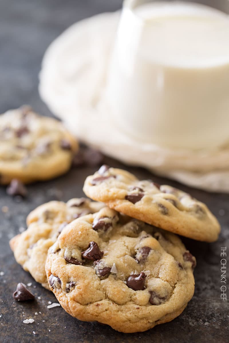 Salted Chocolate Chip Cookies | Thick, chewy chocolate chip cookies that are perfectly crisp on the edges and soft in the middle. The sea salt just accentuates the rich chocolate flavor! | http://thechunkychef.com