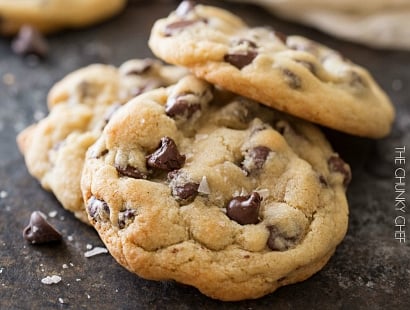 Salted Chocolate Chip Cookies | Thick, chewy chocolate chip cookies that are perfectly crisp on the edges and soft in the middle. The sea salt just accentuates the rich chocolate flavor! | http://thechunkychef.com