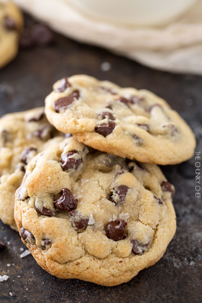 Salted Chocolate Chip Cookies | Thick, chewy chocolate chip cookies that are perfectly crisp on the edges and soft in the middle. The sea salt just accentuates the rich chocolate flavor! | http://thechunkychef.com