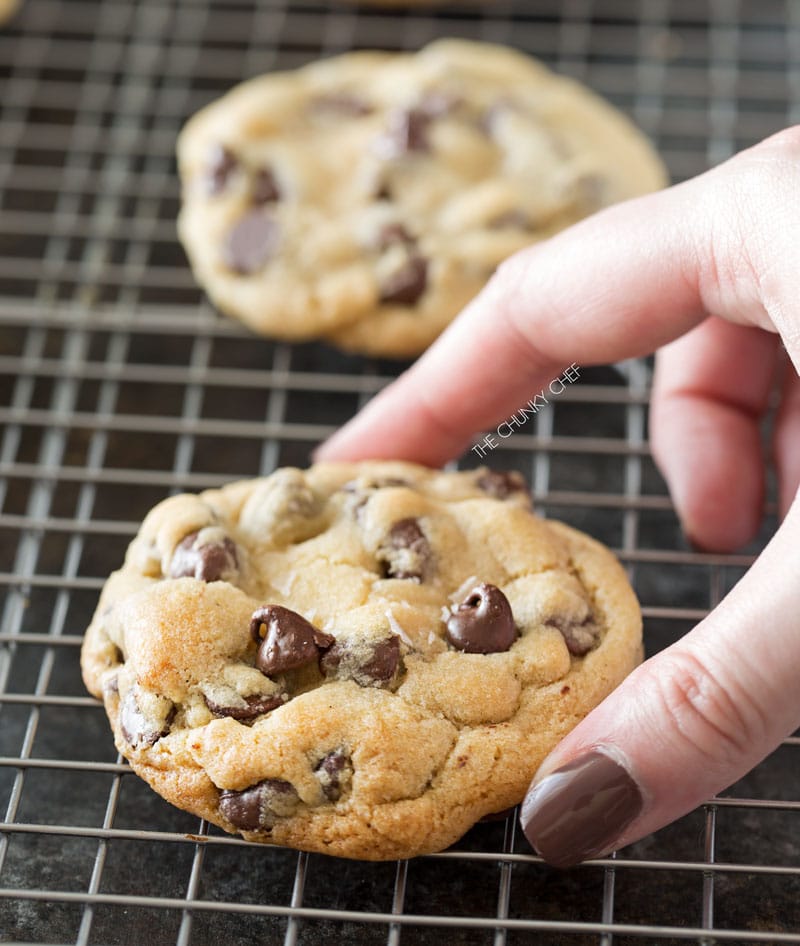 Salted Chocolate Chip Cookies | Thick, chewy chocolate chip cookies that are perfectly crisp on the edges and soft in the middle. The sea salt just accentuates the rich chocolate flavor! | http://thechunkychef.com