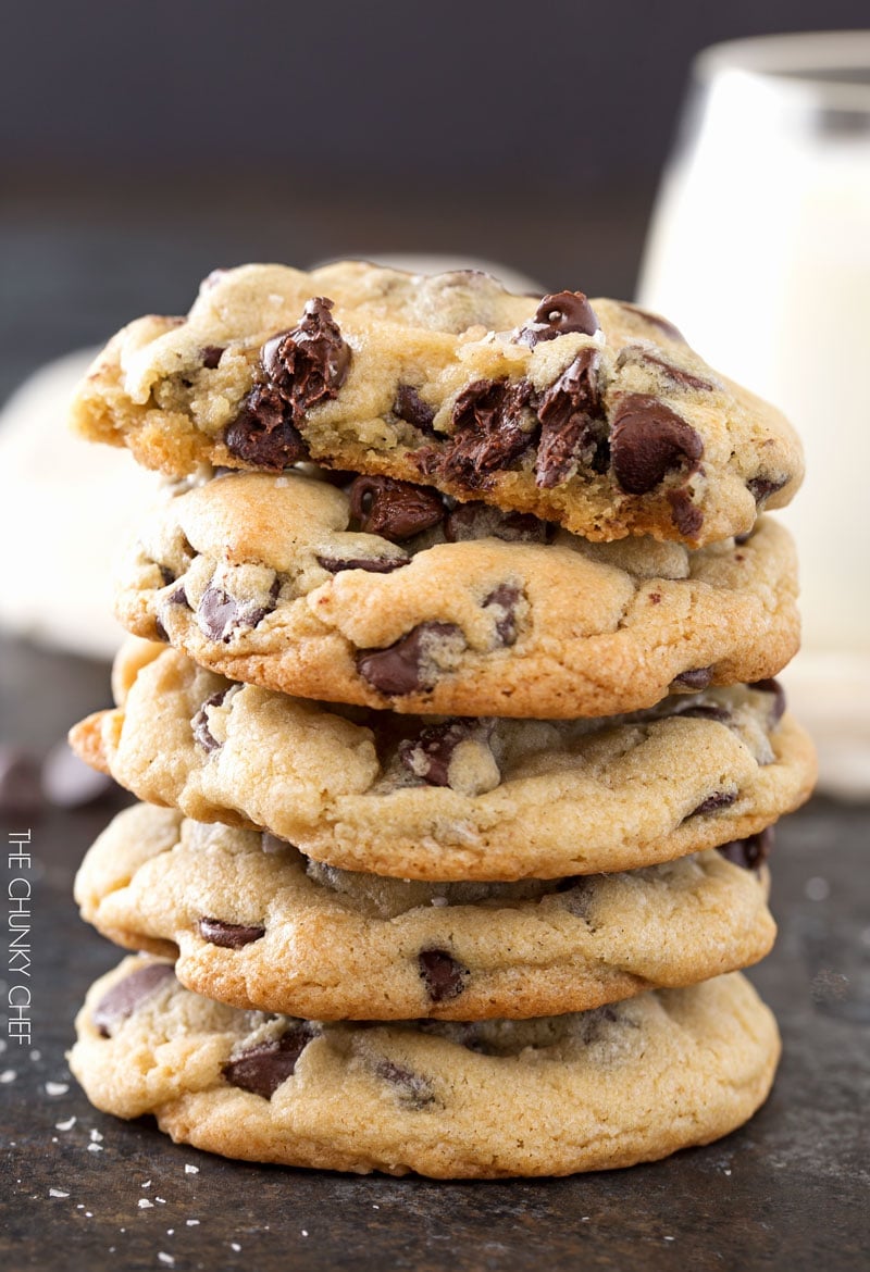 Salted Chocolate Chip Cookies | Thick, chewy chocolate chip cookies that are perfectly crisp on the edges and soft in the middle. The sea salt just accentuates the rich chocolate flavor! | http://thechunkychef.com