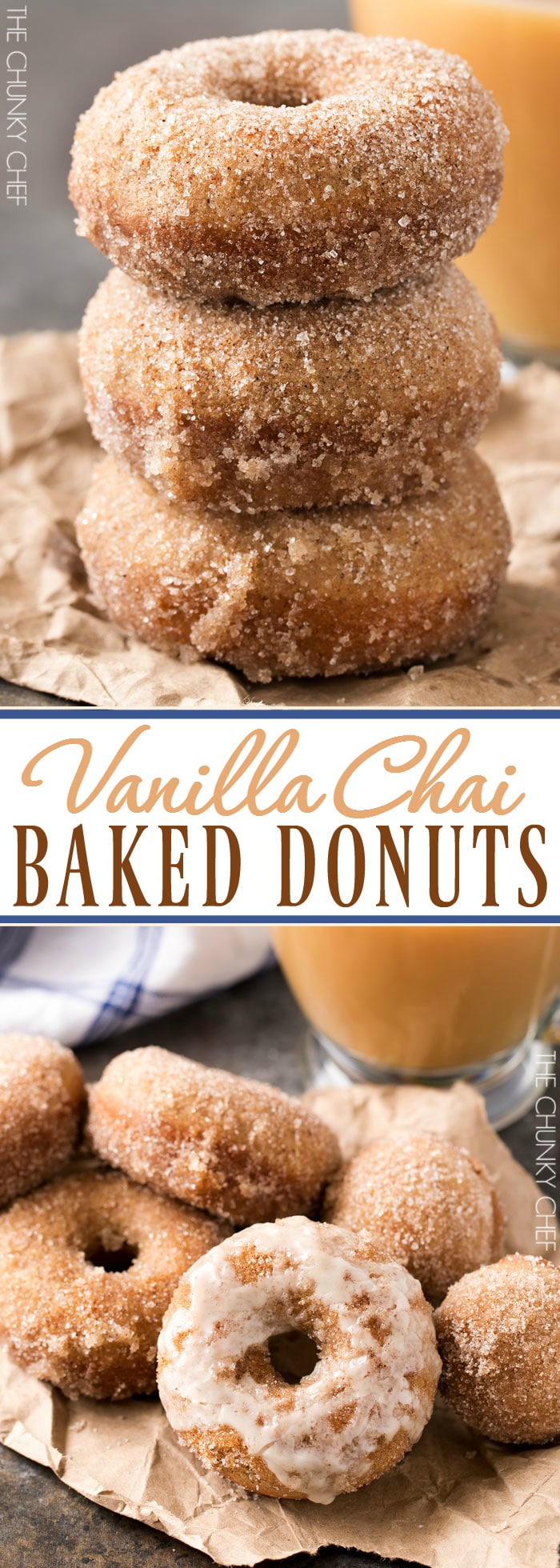 Baked Vanilla Chai Donuts | Delicious baked donuts filled with great vanilla chai flavors, rolled in cinnamon sugar, and served with an optional chai glaze! | http://thechunkychef.com