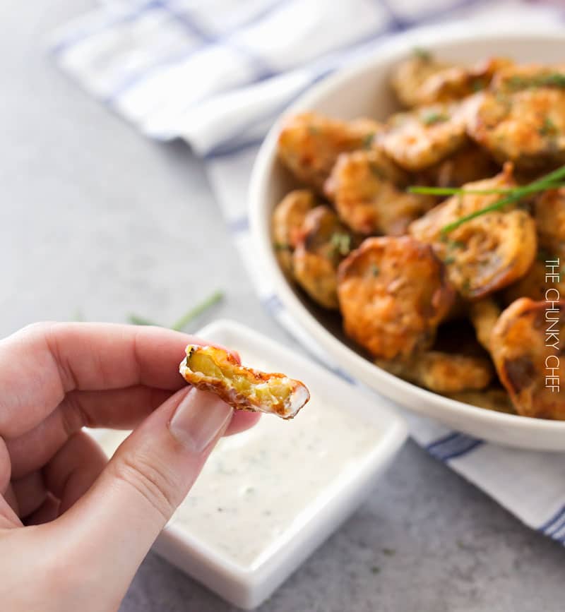 Cajun Fried Pickles with Garlic Blue Cheese Dip | Dill pickles are soaked in a Cajun buttermilk batter, fried until crispy, then dipped in a mouthwatering garlic blue cheese dipping sauce! | http://thechunkychef.com