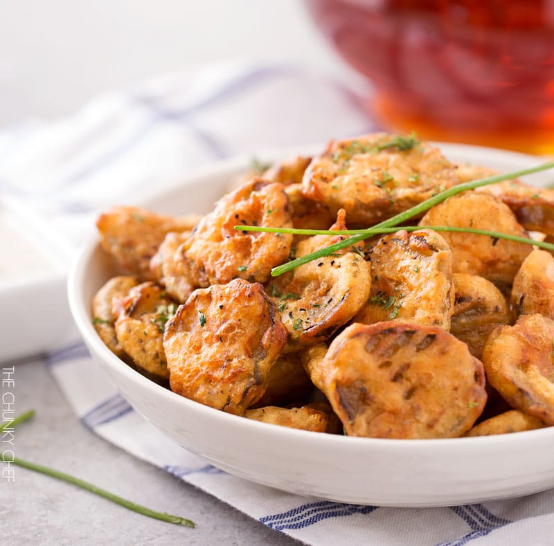 Cajun Fried Pickles with Garlic Blue Cheese Dip | Dill pickles are soaked in a Cajun buttermilk batter, fried until crispy, then dipped in a mouthwatering garlic blue cheese dipping sauce! | http://thechunkychef.com