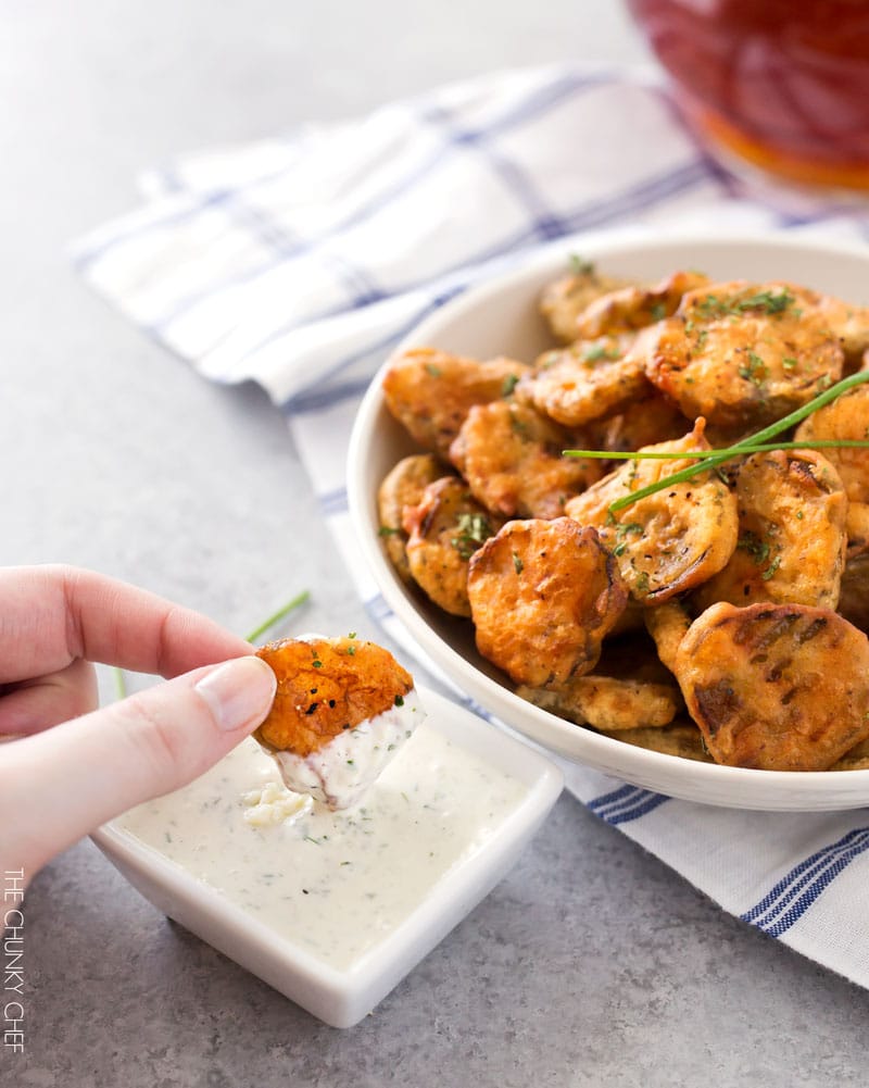 Cajun Fried Pickles with Garlic Blue Cheese Dip | Dill pickles are soaked in a Cajun buttermilk batter, fried until crispy, then dipped in a mouthwatering garlic blue cheese dipping sauce! | http://thechunkychef.com