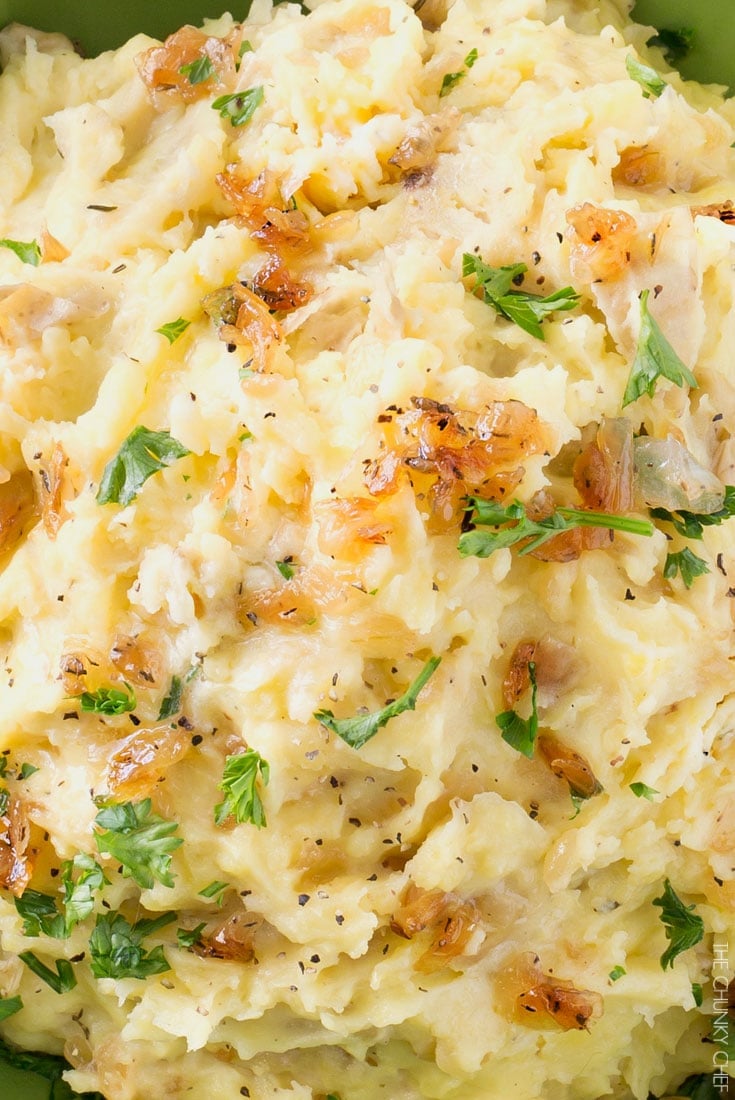 Horseradish Mashed Potatoes with Caramelized Onions | Not your average side dish, these mashed potatoes are full of amazing flavor combinations. Perfect for your holiday table! | http://thechunkychef.com