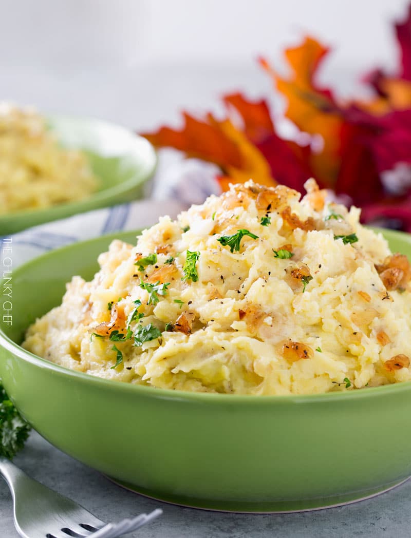 Horseradish Mashed Potatoes with Caramelized Onions | Not your average side dish, these mashed potatoes are full of amazing flavor combinations. Perfect for your holiday table! | http://thechunkychef.com