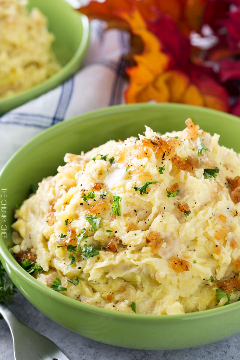 Horseradish Mashed Potatoes with Caramelized Onions | Not your average side dish, these mashed potatoes are full of amazing flavor combinations. Perfect for your holiday table! | http://thechunkychef.com