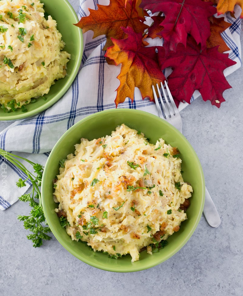 Horseradish Mashed Potatoes with Caramelized Onions | Not your average side dish, these mashed potatoes are full of amazing flavor combinations. Perfect for your holiday table! | http://thechunkychef.com