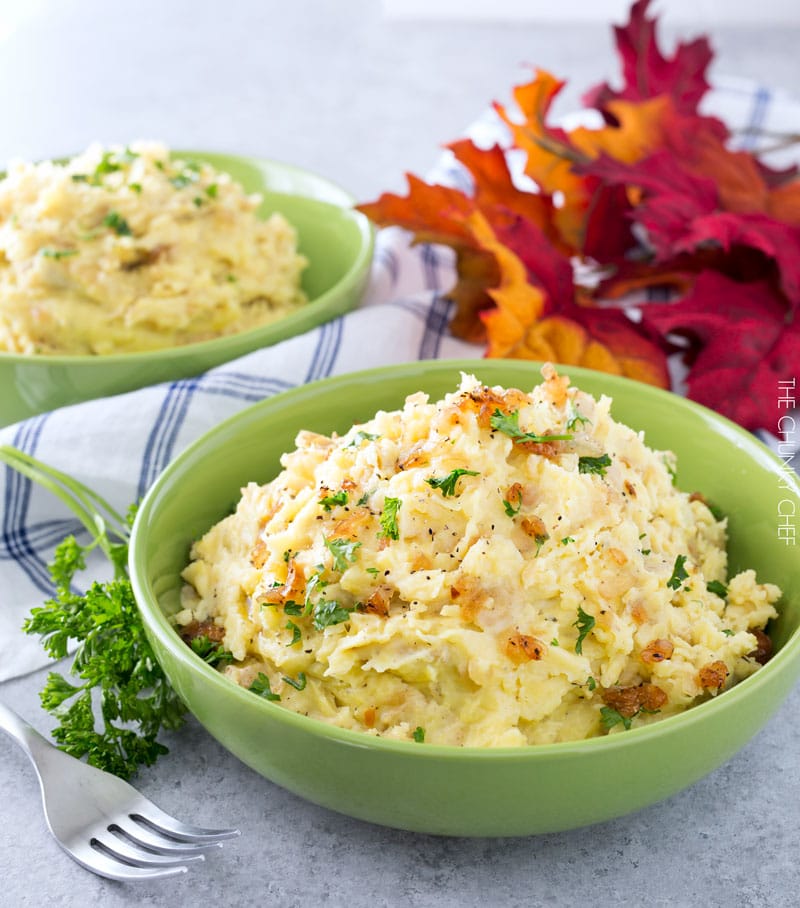 Horseradish Mashed Potatoes with Caramelized Onions | Not your average side dish, these mashed potatoes are full of amazing flavor combinations. Perfect for your holiday table! | http://thechunkychef.com