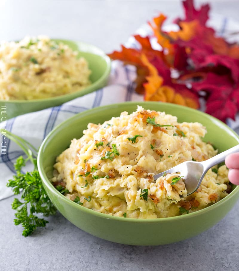 Horseradish Mashed Potatoes with Caramelized Onions | Not your average side dish, these mashed potatoes are full of amazing flavor combinations. Perfect for your holiday table! | http://thechunkychef.com