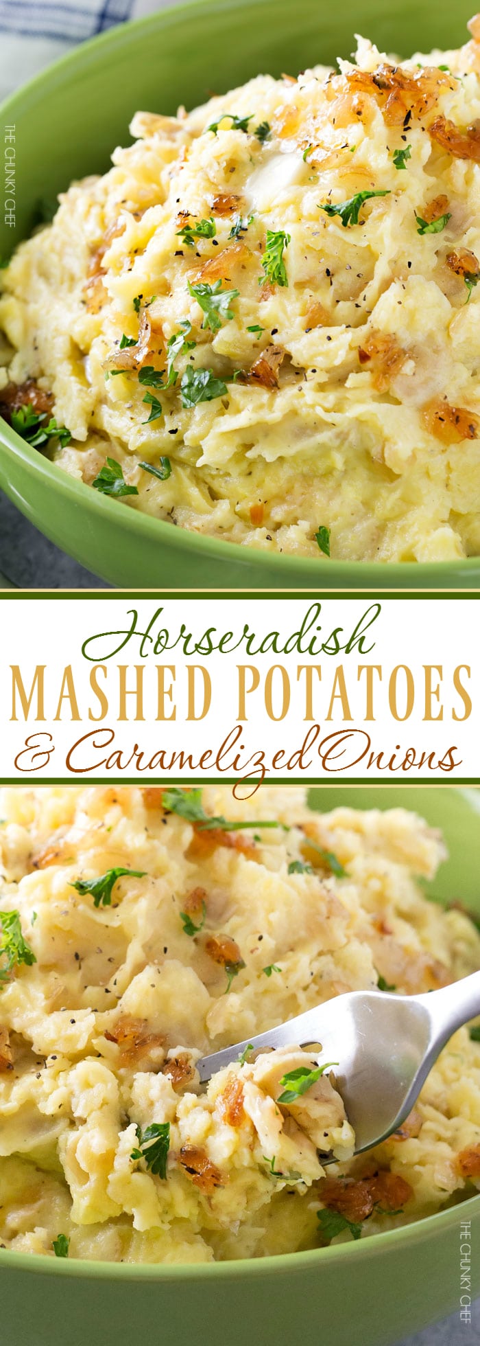 Horseradish Mashed Potatoes with Caramelized Onions | Not your average side dish, these mashed potatoes are full of amazing flavor combinations. Perfect for your holiday table! | http://thechunkychef.com