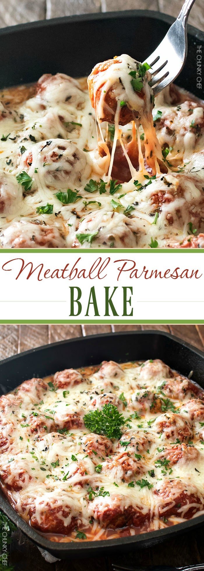 Meatball Parmesan Bake | Melt in your mouth homemade meatballs coated in marinara sauce, topped with Italian cheeses and baked to bubbly perfection! | http://thechunkychef.com