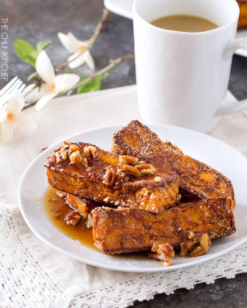 Pumpkin French Toast Sticks | French toast sticks are a fun, fork-free way to enjoy a classic breakfast treat, with a great pumpkin flavor! | http://thechunkychef.com