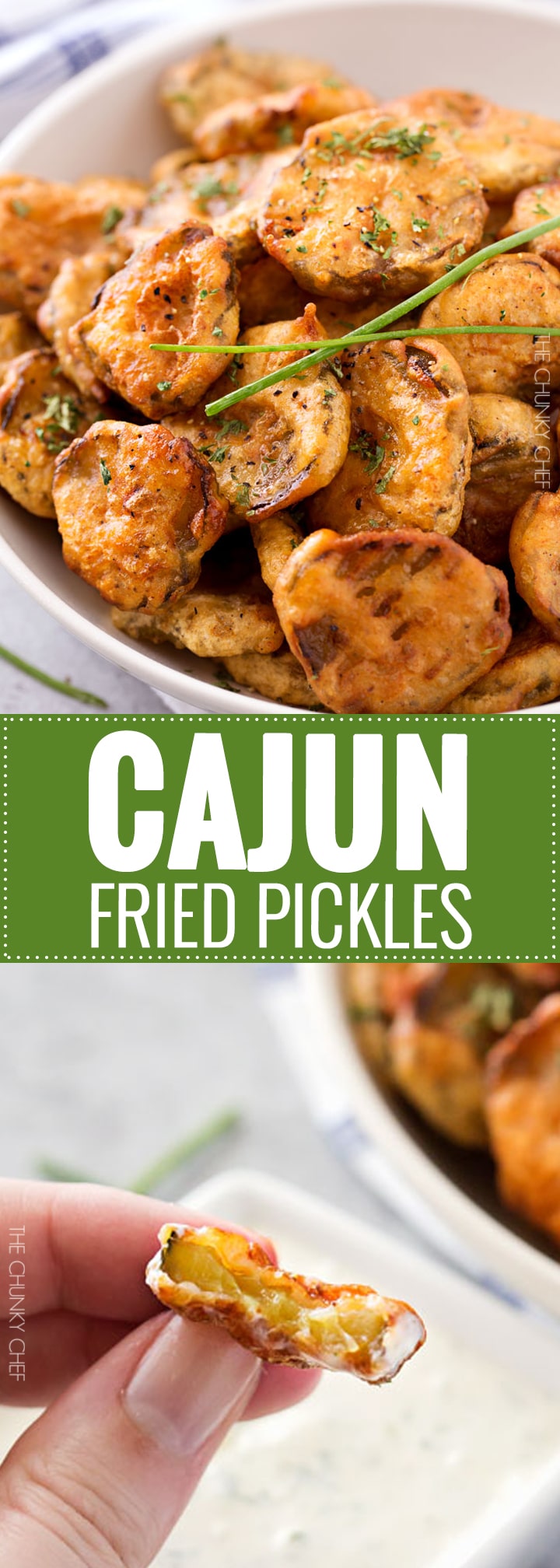 Cajun Fried Pickles with Garlic Blue Cheese Dip | Dill pickles are soaked in a Cajun buttermilk batter, fried until crispy, then dipped in a mouthwatering garlic blue cheese dipping sauce! | http://thechunkychef.com