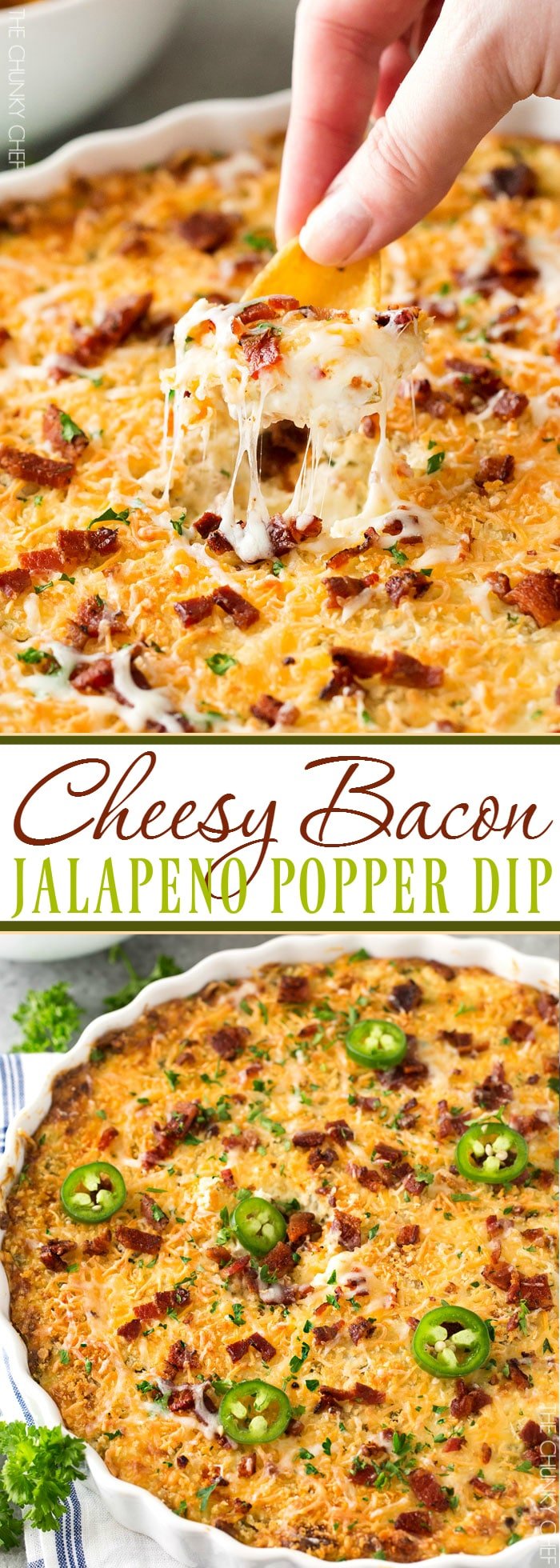 Cheesy Bacon Jalapeno Popper Dip | Warm and spicy, this ultra cheesy bacon jalapeno popper dip will be the hit of ANY party you bring it to! | http://thechunkychef.com